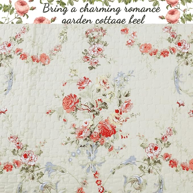 Cozy Line Home Fashions Khaki Cream Yellow Floral Blooming 100% Cotton Reversible Quilt Bedding Set Coverlet Bedspread (Rose Romance, Queen - 3 Piece)