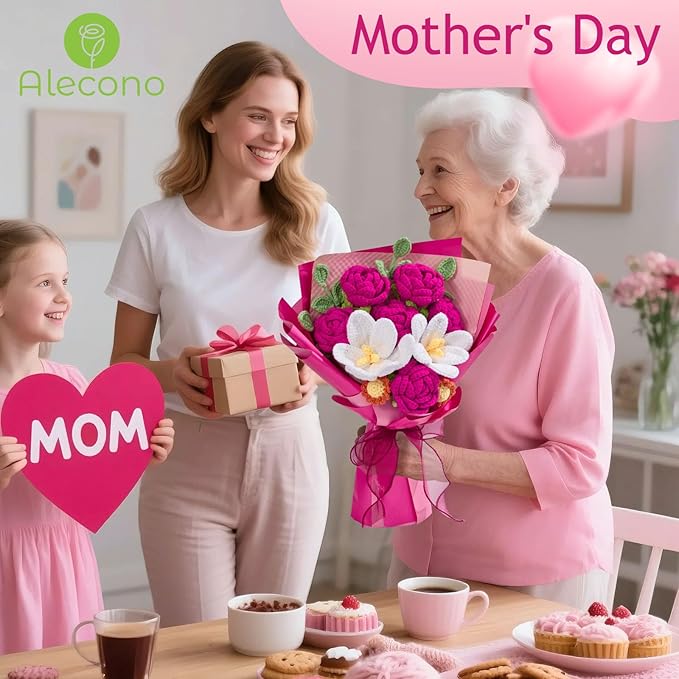 Alecono Crochet Flower Bouquet, Hot Pink Knitted Flowers, Crochet Tulip Rose Flower for Lover Anniversary Birthday Party Mother's Day Graduation Gifts (Include Card)