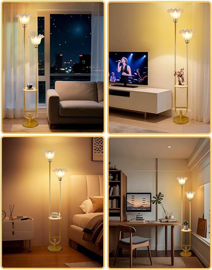 Flower Floor Lamps with Table, 2-Lights Dimmable Floral Floor Lamp, 3000K Warmwhite Modern Floor Lamp, Vintage Gold Standing Lamp with 5Lbs Heavy Base for Living Room Bedroom Girls Room