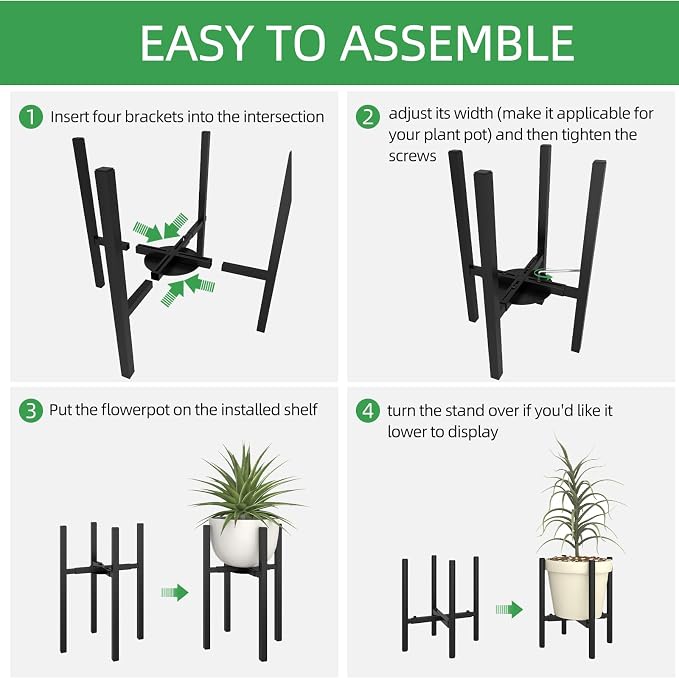 Adjustable Metal Plant Stand Indoor, Fits 9-15 Inch Pots, Mid Century Modern Planter Holder,2 Heights, Heavy Duty 160 lb, Indoor Outdoor Corner Floor Pot Stand, Black with Round Plate