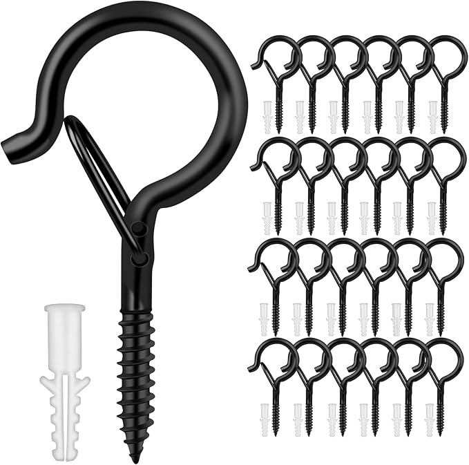 Q Hangers 25 PCS Screw-in Hooks for Outdoor String Lights, Swivel Hanging Basket Patio Light Hooks with Safe Buckle Screw in Planter Eye Hook for Wall Ceiling
