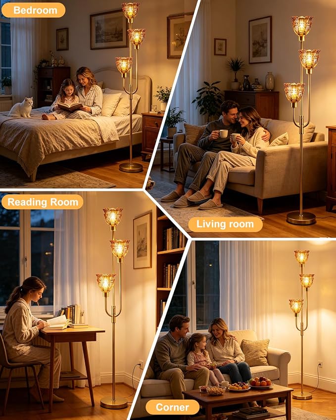 Lightdot 66IN 3-Lights Modern Glass Floor Lamp Gold Dimmable Floor Lamps with 3000K Warm White Bulbs for Wedding Party Tall Standing Lamp with Amber Glass Shade for Living Room/Bedroom/Home Decor