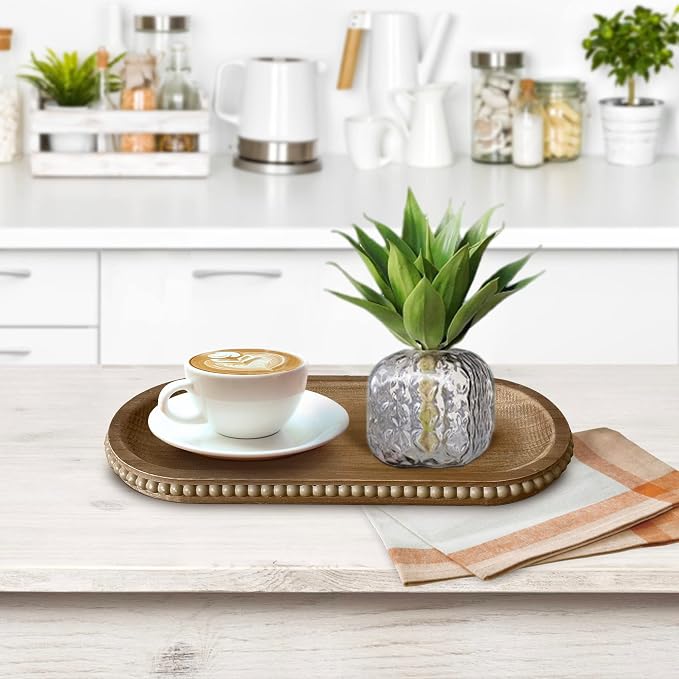 dwellington Wooden Farmhouse Decorative Tray, 11.8in Rustic Beaded Tray for Living Room Decor, Kitchen Table Décor, Oval Coffee Table Serving Tray (Natural)