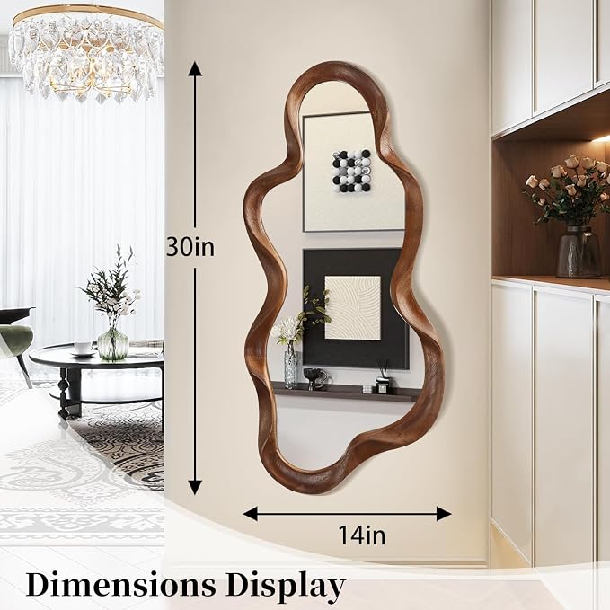 Asymmetrical Mirror Large Irregular Wall Mirror Modern Wood Frame Unique Artistic Mirrors Cute and Stylish Cloud Wavy Mirrors Decorative for Cloakroom Bedroom Living Room Bathroom Entryway 30"x14"