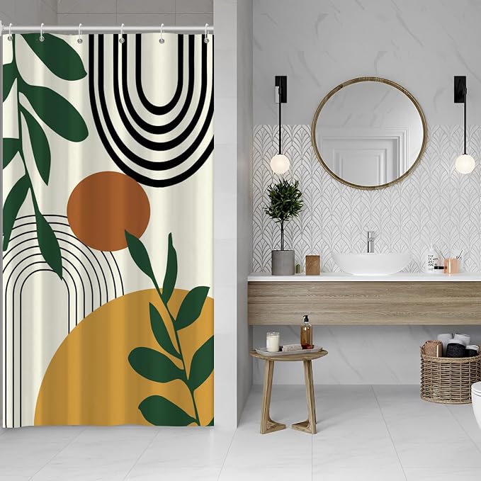 Boho Geometric Shower Curtain Beige Mid Century Abstract Arch Curve Bathroom Curtain Minimalistic Sun Shower Curtain Sets for Bathroom Extra Long 36x72 in with 6 Hooks