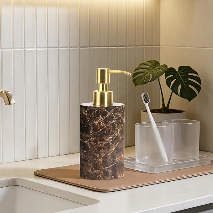 Natural Marble Soap Dispenser for Bathroom and Kitchen Countertop - 5.41 Ounces Hand Lotion and Liquid Stone Shampoo Laundry Bottle with Pump (1, Dark Brown, Cylindrical Bottle)