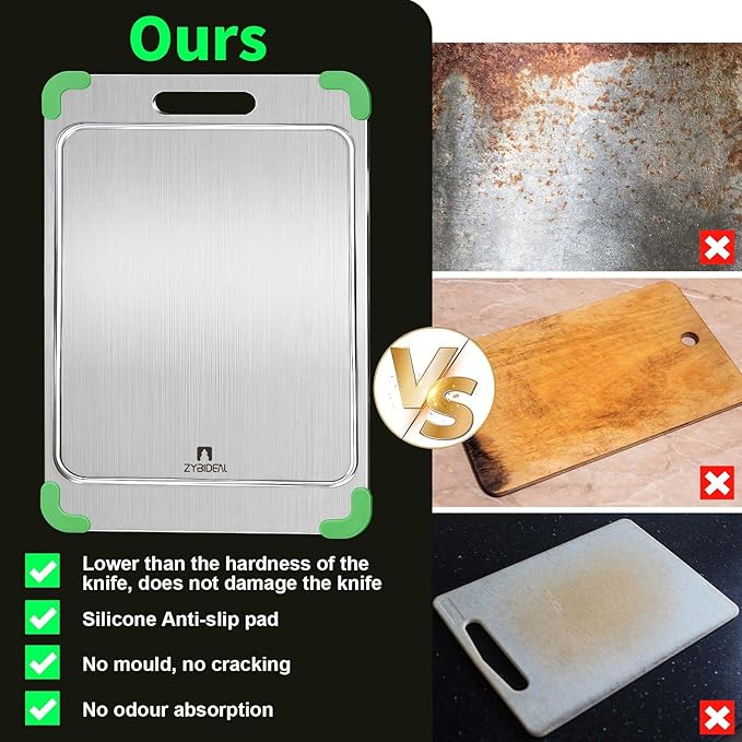 100% Pure Titanium Cutting Board with Grooves, Update Double Side Titanium Chopping Board, Silicone Anti-slip Stainless Cutting Boards for Kitchen 11 * 15 IN, Green