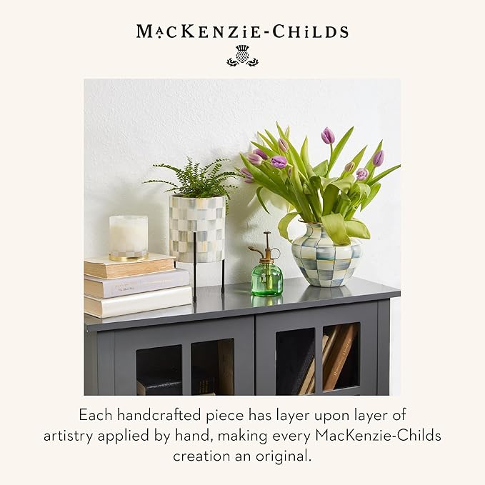 MACKENZIE-CHILDS Pedestal Vase, Decorative Centerpiece and Flower Holder, Gray-and-White Sterling Check