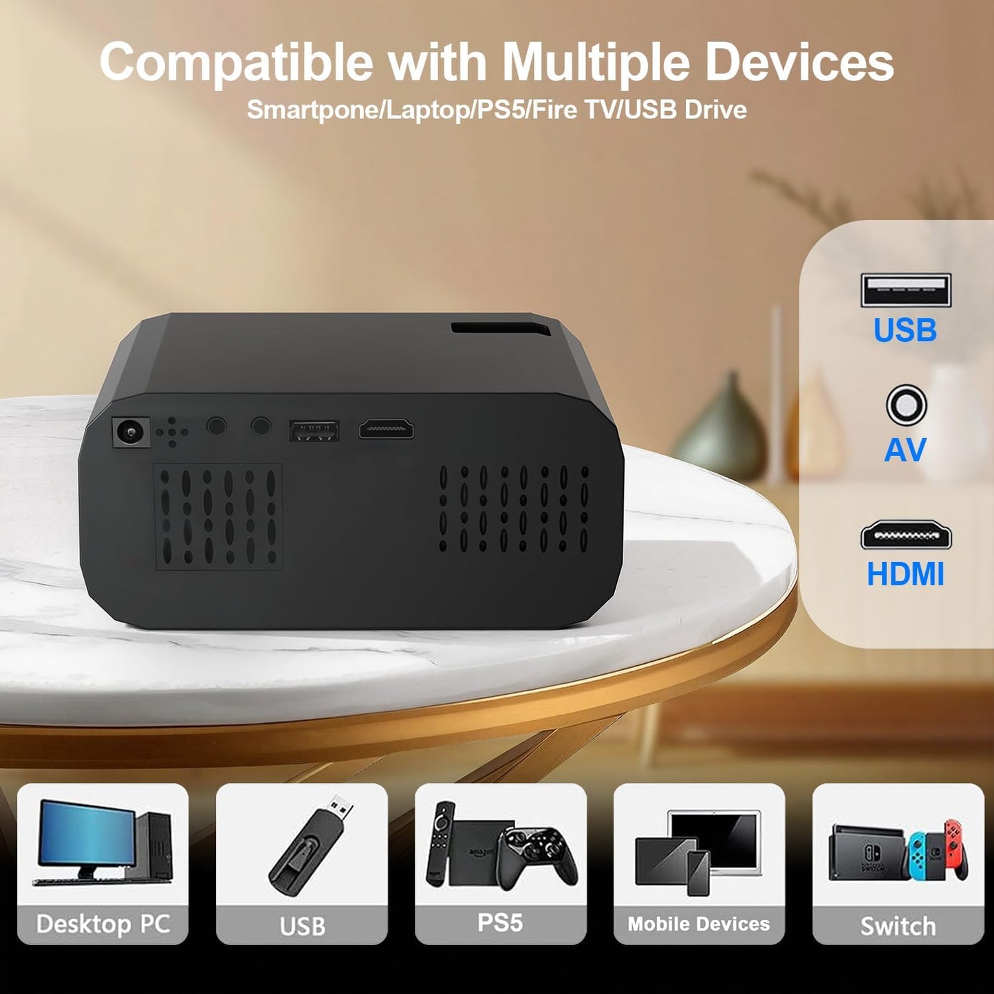 Skiennix Mini Projector - 4K 1080P Portable Projector with WiFi & Bluetooth | Auto Keystone Correction, 32"-150" Screen