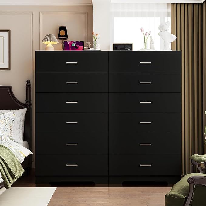 48" Tall Dresser for Bedroom Chest of Drawers with Power Outlets Wood 6 Drawers Dresser with Large Storage Space and Metal Handles Modern Closet Storage Drawer for Living Room Hallway Black
