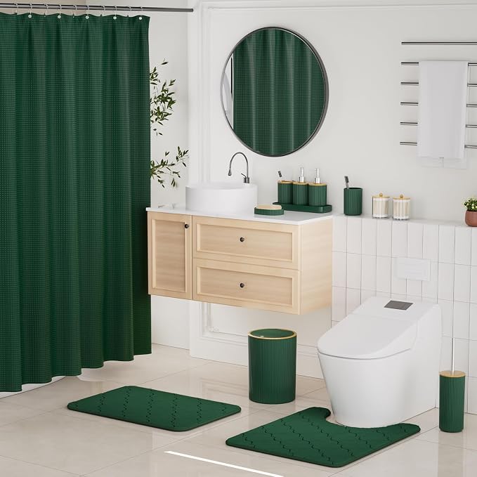 Dark Green Bathroom Accessory Set - Bathroom Sets, 25PC Bath Accessories Set, Bathroom Sets with Push Top Trash Can, Shower Curtain and Rugs, Toilet Brush, Trash Can & Soap Dispenser
