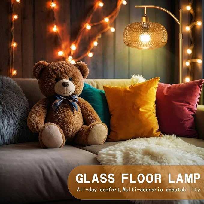 Glass Floor Lamp for Living Room, Modern Standing Lamp for Bedroom, Dimmable Tall Lamp with Shade, Remote,12W LED Bulb Included (Gold+Amber)