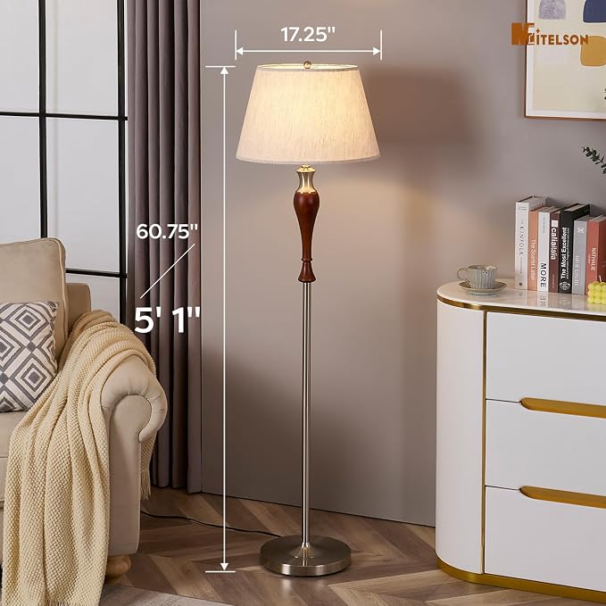 Floor Lamp, Mid Century Lamp with Fabric Shade, Modern Standing Lamp with Dimmer Switch and Bulb for Living Room, Rustic Retro Tall Lamp for Bedroom and Office, Home Décor