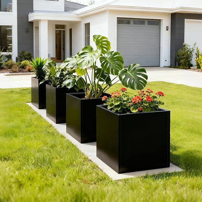 Galvanized Steel Planter Box Black Metal Planter Large Square Indoor Outdoor Planters Cube Steel Heavy Duty Flower Pot 32Inch Powder Coating Modern Commercial Residential for Patio, Yard, Garden