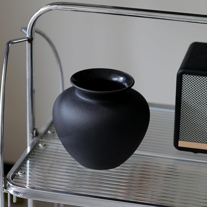 Black Ceramic Flower Vase, Decorative Jar Modern Centerpiece Table Decorations,Rustic Ceramic vases for Home Decor Dining Room,Wide Mouth Ceramic vase for Kitchen Utensils (Black, 0619)