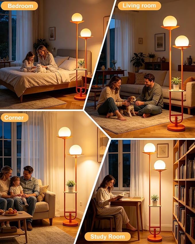 63IN Globe Floor Lamp with Shelf 2-Lights Modern Dimmable Floor Lamps with 3000K Soft Warm White Bulbs for Wedding/Party, Orange Tall Standing Lamp for Living Room/Bedroom/Home Office