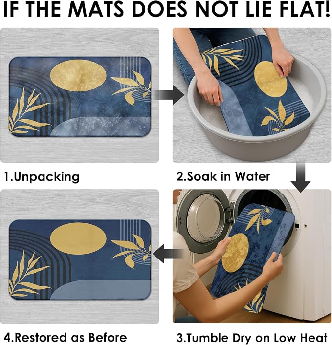 Boho Mid Century Shower Curtain Set with Toilet Lid Cover and Non-Slip Rugs, Abstract Geometric Dark Blue 4 Pcs Modern Minimalist Shower Curtain for Bathroom Set with 12 Hooks
