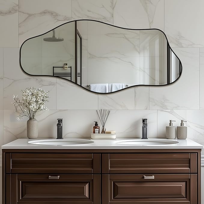 Mirrorons Irregular Wall Mirror 47×21, Black Asymmetrical Decorative Bathroom Mirror, Cloud Mirror, Modern Vanity Mirror, Shatterproof (Black)