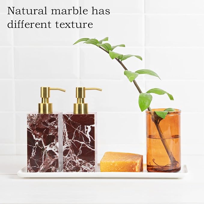 Natural Marble Soap Dispenser for Bathroom and Kitchen Countertop - 5.41 Ounces Hand Lotion and Liquid Stone Shampoo Laundry Bottle with Pump (1, Rosso Lepanto, Rectangular Bottle)