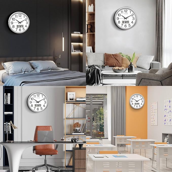 TIMESS Wall Clock, 11 Inch Non-Ticking Silent Battery Operated Quartz Analog with LCD Display for Perpetual Calendar and F° Temperature, Ideal Modern Home, Bedroom, Kitchen, Office Décor (Sliver)