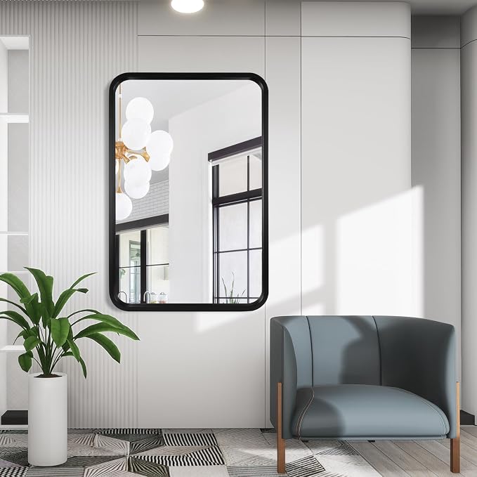 WallBeyond 20x30 Inch Wood Mirror for Bathroom, Wooden Frame Wall Mirror Farmhouse Wall Mounted Rectangle Mirror for Vanity (Horizontal/Vertical Black Color)
