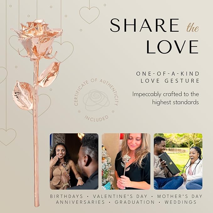 Forever Rose Enchanted Preserved with Real Gold Dipped Rose Lasts Forever | Includes Wood Base & Glass Dome | Rose Gold Roses Assembled by Hand in The USA | Romantic Gifts for Women