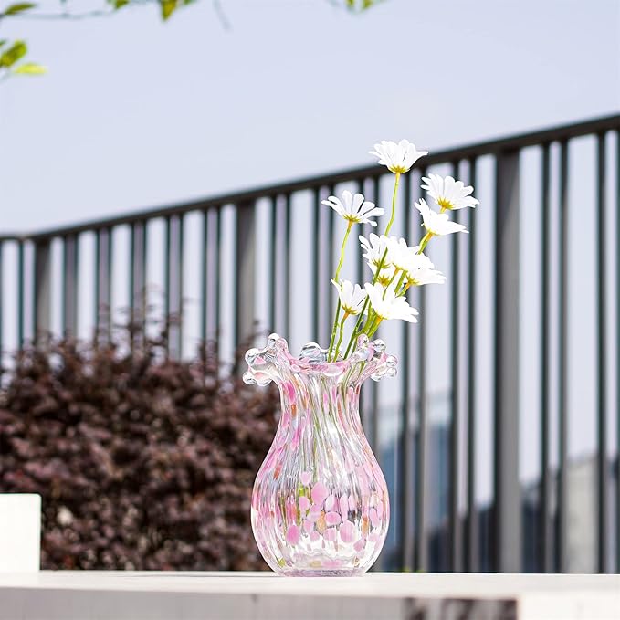 QFkris Handblown Glass Vase, Modern Art Flower Vase with Pink Petal Decorative for Home Decor, 8.5 inch Tall for Living Room Dining Tabletop Centerpiece Statement Office Decoration