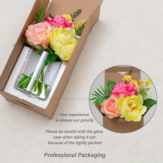 WELL KNOWN Artificial Flowers in Glass Vase, Silk Rose Peony Flower Bouquet for Home Dinning Tea Table, Office Desktop, Hotel, Wedding, Party, Lavatory Decor & Gift (Hot Pink, Coral & Yellow)