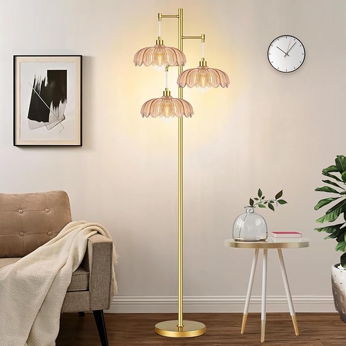 QIYIZM Glass Floor Lamp for Living Room,Bedroom,Gold Mid Century Modern Standing Lamp Brass Tree 3 Light Tall Floor Lamps Vintage Retro Floor Lights Flower Lamp Shade Farmhouse Boho Bohemian