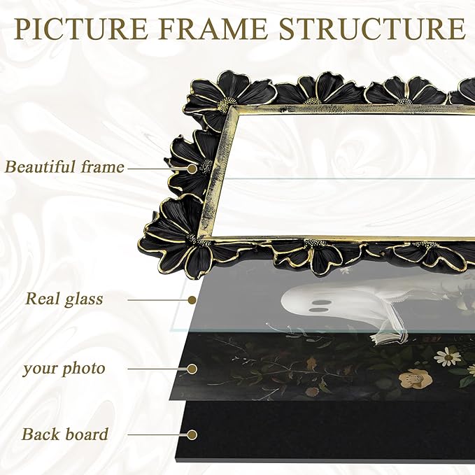 3.5x5 Vintage Flower Picture Frame, Ornate Antique Photo Frame with Glass Front, Elegant Picture Frame for for Wall or Tabletop Display, Gift ldeas for Home Decor (Black Gold)