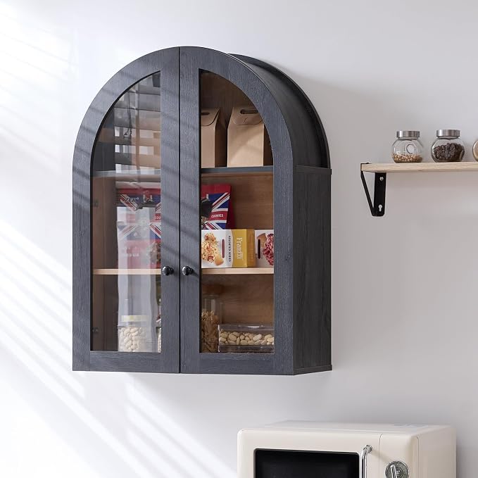 Bathroom Arched Wall Cabinet Over The Toilet Storage Cabinet, 23.5×31.4 Inch bathroom cabinet wall mount with Glass Doors & Adjustable Shelves, Wood Cabinet for Laundry Room, Bedroom Kitchen,Dark Grey