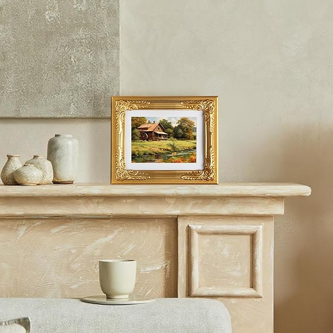 7x9 Gold Picture Frame with Baroque Flower Trim, Solid Wood with Real Glass, Display 7x9 Photos Matted to 5x7, Vertical and Horizontal Desk Tabletop or Wall Hanging,Ornate Vintage Style