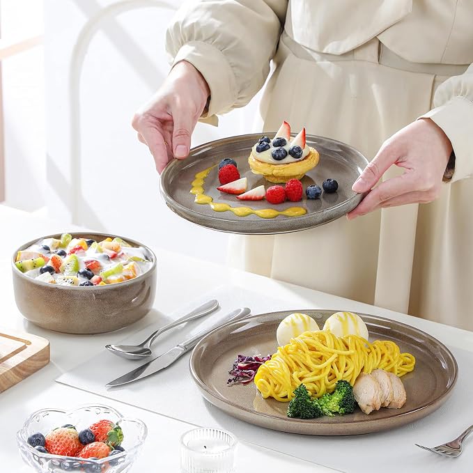 vancasso PLAYA Plates and Bowls Sets, 18 Pieces Dark Brown Dinnerware Sets for Kitchen, Reactive Glaze Dishes Set for 6, Dishwasher and Microwave Safe