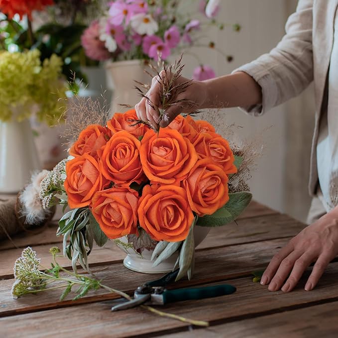 12 Pcs Artificial Rose Flowers, Silk Roses with Long Stems, Realistic Fake Roses for Wedding Centerpiece Party Home and Office DIY Decor, Orange