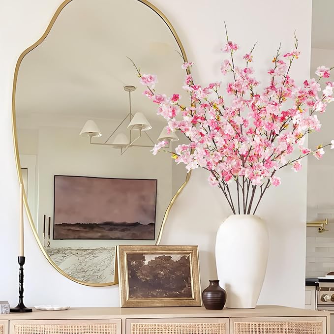 8 Pcs Artificial Cherry Blossom Flowers 40" Faux Silk Cherry Blossom Stems Fake Real Touch Peach Branches for Wedding Home Garden Japanese Decor Pink