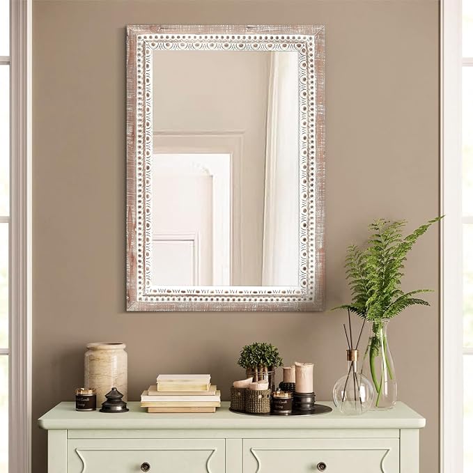 24'' Rectangular Wall Mounted Mirror, Wood Decorative Mirrors, Boho Mirrors with Beaded Frame, Rustic Vanity Mirror, Distressed Mirror for Bathroom, Living Room, Bedroom, Entryway