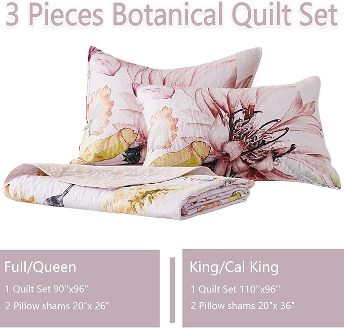 Yogeneg King Size Quilt Set, Elegant Floral Botanical Pattern Pink Bedding Set,3 Piece Lightweight Soft Summer Bedspread Coverlet with 2 PIillow Sham for All Season(Blush Floral,110"x96")