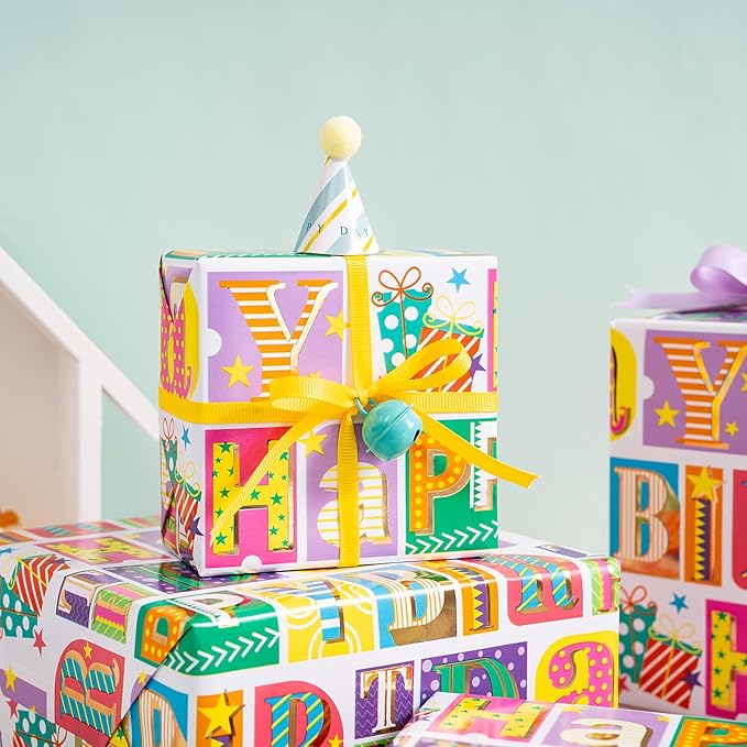 WRAPAHOLIC Birthday Wrapping Paper - Mini Roll - 17 Inch x 16.5 Feet - Colorful Gold Foil Happy Birthday Wrapping Paper for Kids, Girls, Women, Baby Shower, Wedding, Bridal Shower