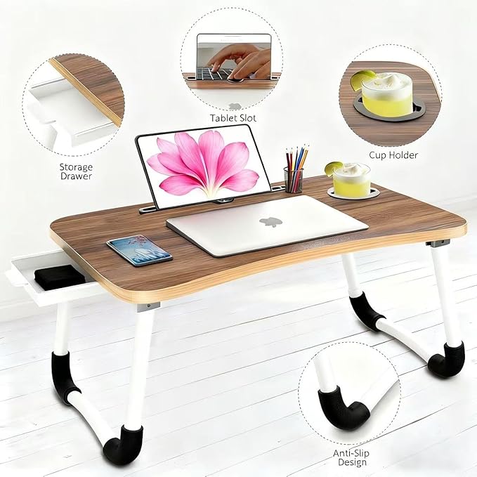 Fayquaze Portable Foldable Laptop Bed Desk with Storage Drawer and Cup Holder - Lap Desk Laptop Stand Tray Table for Eating, Reading and Working