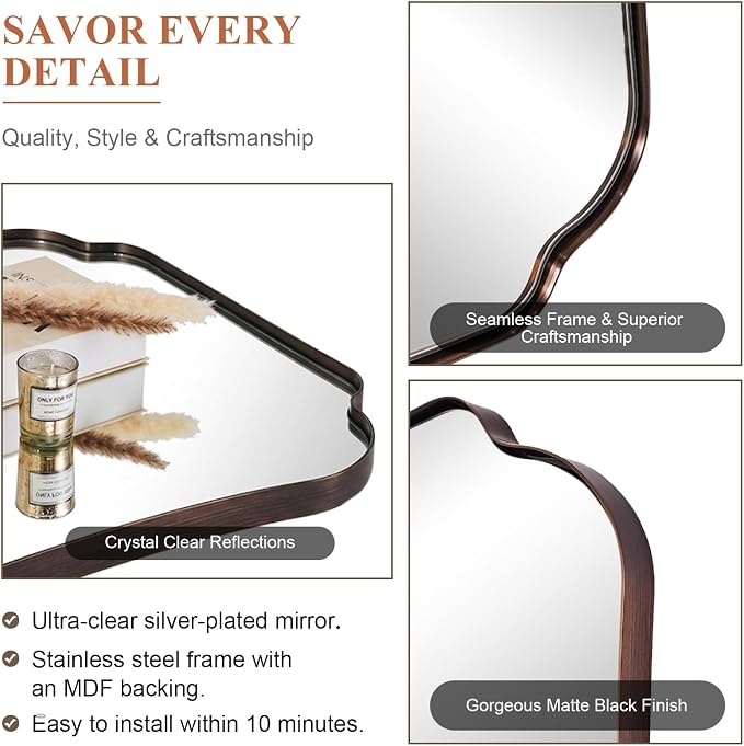 ANDY STAR Bronze Bathroom Mirror 24x32 Inches, Small Ornate Scalloped Wall Mirror with Distinctive Notched Edge Stainless Steel Frame for Hallway, Lounge and Vanity Area