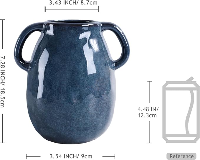 7 Inch Retro Navy Blue Ceramic Vase with Handles, Modern Glazed Blue Vase for Flowers, Farmhouse Vintage Flower Vase Decorative for Home Decor, Table, Counter, Living Room, Bedroom, Entryway