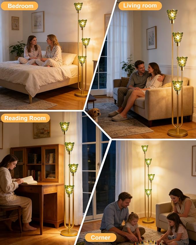Lightdot Glass Floor Lamp Dimmable 4-Lights Gold with Green Glass Shade 3000K Bulbs Included Mid Century Modern Standing Tall Lamp with 5Lbs Heavy Base for Living Room/Bedroom/Sofa Beside/Corner Decor