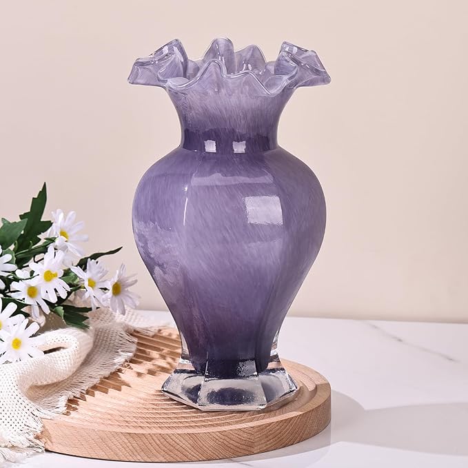 9.5" Tall Purple Glass Vase Beautiful Hand Blown Glass Decor Flowers Vases for Centerpieces, Modern Murano Glass Art Purple Vase, for Home Decor Table Entryway Wedding Decoration