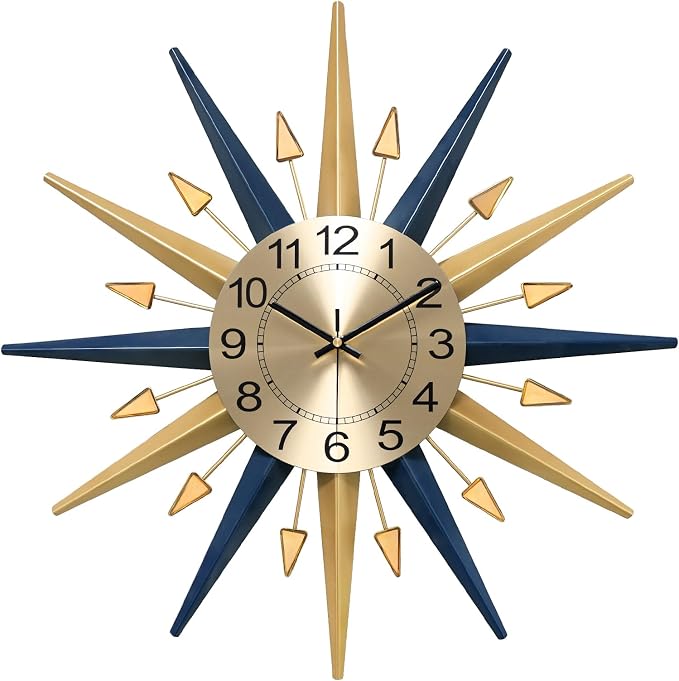 Starburst Large Wall Clock,Mid Century Decorative Wall Clock Modern Silent Clock Battery Operated for Living Room/Kitchen/Entryway/Bedroom/Office/Dinning Room Metal Wall Decor