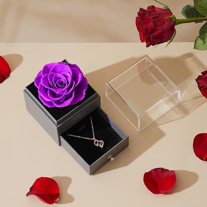 Preserved Rose Gifts for Mom Birthday – Forever Real Rose Music Box for Women – You Are My Sunshine Gifts for Mom Grandma Wife Girlfriend – Eternal Roses Box with I Love You Necklace in 100 Languages