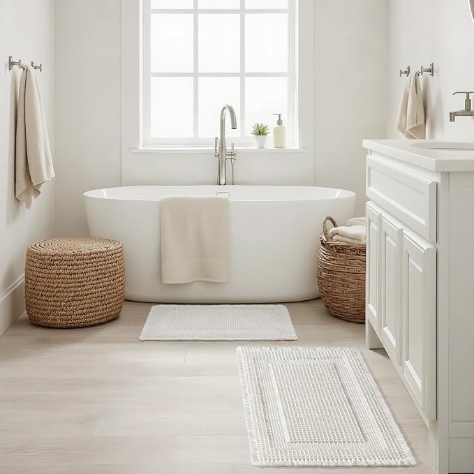 MIULEE Set of 2 Waffle Bathroom Rugs, Boho Bath Rug Super Absorbent, Non Slip Washable Ultra Soft Rubber Backed Shower Bath Mats for Floor, Tub, Shower, Looped Design, White, 17"x24"+18"x30"