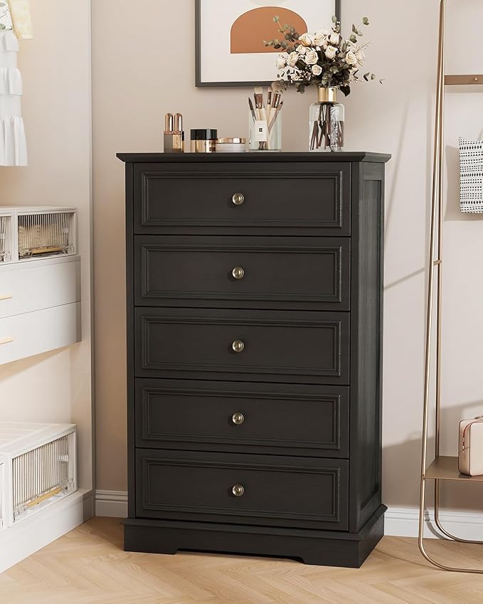 Black 5 Drawer Dresser for Bedroom, 44" Tall Dresser with Metal Handle, Modern Chest of Drawers for Closet Organizer, Farmhouse Wood Dressers for Bedroom, Living Room, Hallway
