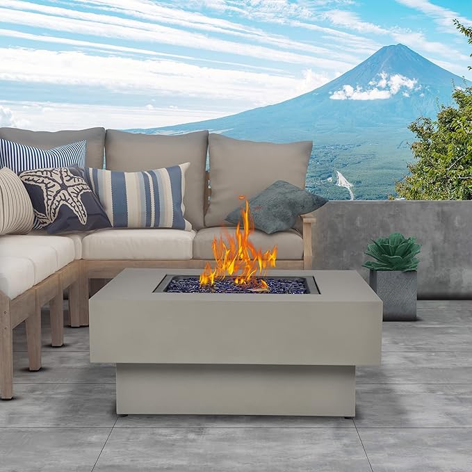 Propane Fire Pit Table, 32.5-inch 50,000 BTU Outdoor Gas Fire Table for Patio w/Lid, Glass Rocks, Cover, Pre-Attached 10ft Propane Hose, Flint Gray