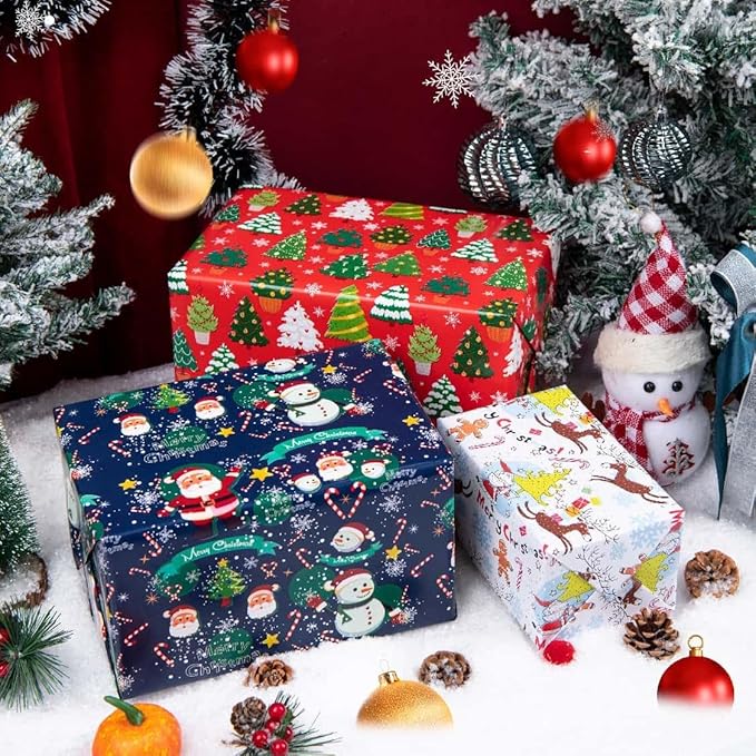 Linnoptimix Christmas Wrapping Paper Rolls -3 LARGE ROLL-27inch*78 inch per roll Colorful Foil Red White Blue wrapping paper(Christmas White/Red/Blue(005))