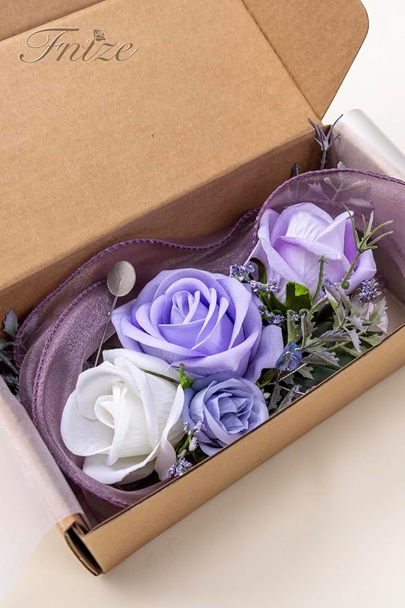 Fnize Purple Corsage and Boutonniere Set for Bride Groom Bridesmaids Groomsmen Wedding Homecoming Flowers Prom Suit Accessories, Rose Boutonniere and Wrist Corsage Flower